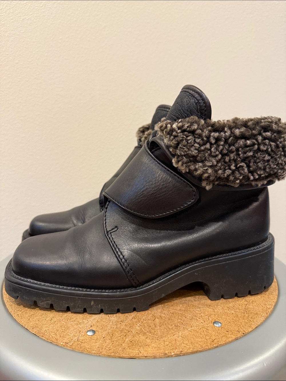 Helena Black Leather Shearling-Cuff Ankle Boot Size 7.5